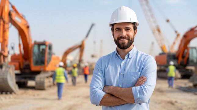 Construction engineer standing at site with heavy machinery industry and engineering concept