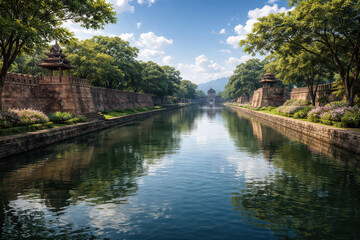 Obraz premium Scenic view of a tranquil river surrounded by lush greenery and ancient walls.