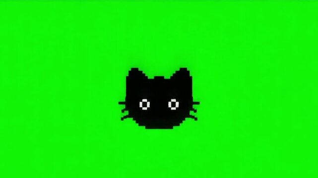 Pixel Black Cat Icon on Green Screen 3D Animation
