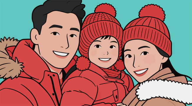 Happy Family in Red Winter Coats