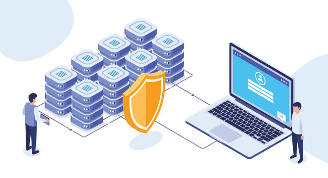 Secure server data center protected by an orange shield and connected to a remote laptop with user authentication screen.