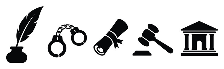Obraz premium Collection of legal and academic symbols including quill pen, handcuffs, rolled diploma, judge gavel, and courthouse building for justice concepts
