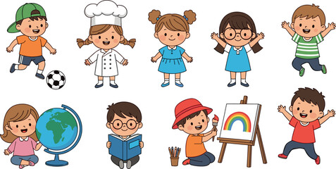 Fototapeta premium Diverse Kids Engaged in Fun Activities, Soccer, Cooking, Reading, Drawing, and Learning, Childhood Exploration and Play