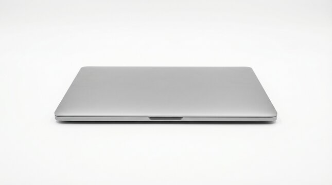 A contemporary closed portable computer, sleek metallic design on a bright white background, symbolizing technology, efficiency, and the digital workspace