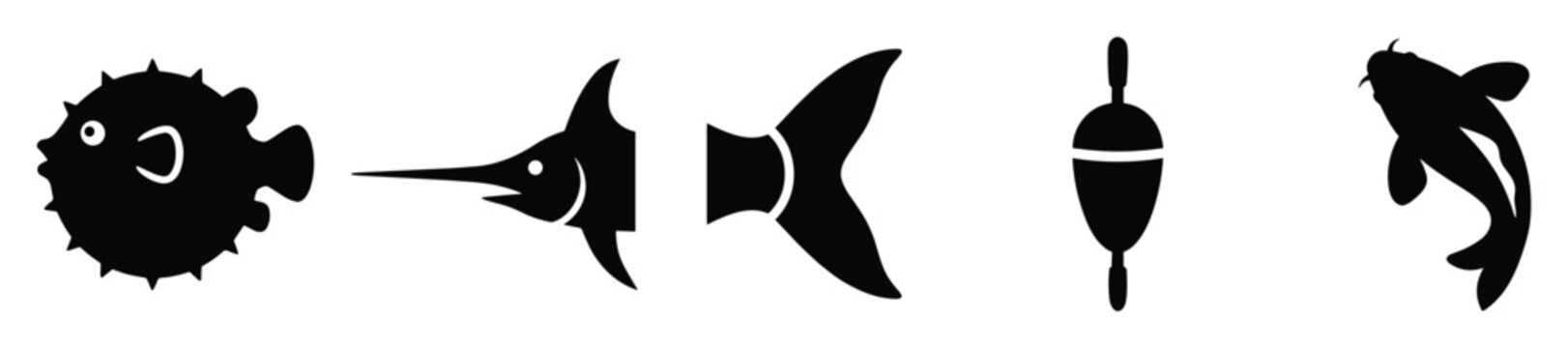 Collection of various black silhouette fishing related icons including pufferfish, marlin, fishing float, and koi fish, perfect for marine life projects and graphic emblems