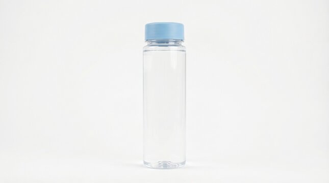 Clear plastic bottle with a blue cap filled with clean water, perfect for hydration and refreshment
