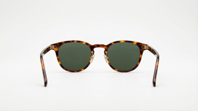 Stylish round tortoiseshell sunglasses with dark green lenses seen from the back, isolated on a white studio background