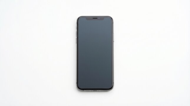 Modern minimalist smartphone showcasing a dark, empty screen on a clean white background, symbolizing a world of potential and seamless everyday communication