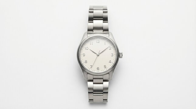 Minimalist wristwatch with a clean, white dial and stainless steel band, offering a timeless and elegant accessory for any occasion