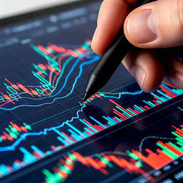 Macro shot of a stylus interacting with stock market trend data on a high-resolution tablet screen.