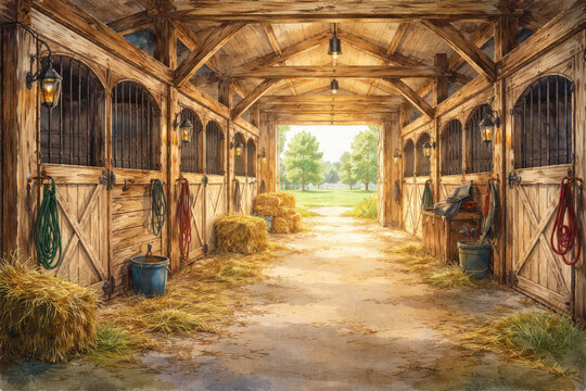 Interior of a rustic barn with horse stalls and hay.