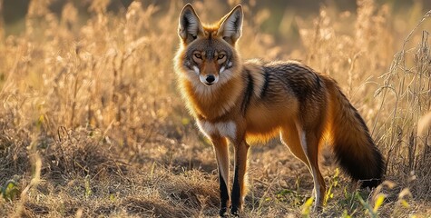Fototapeta premium Alert red fox standing in sunlit dry grass with bushy tail and watchful gaze, warm golden backlight
