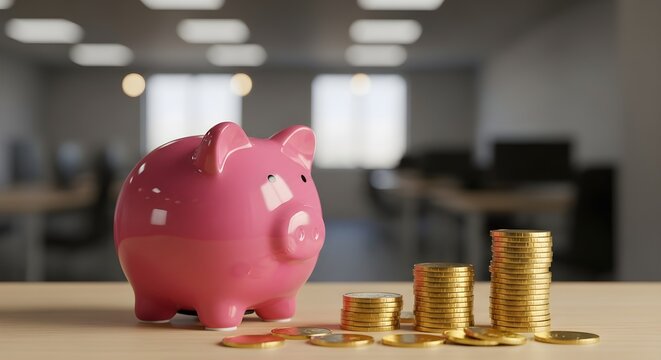 Pink piggy bank and growing stacks of coins symbolizing financial growth and savings in a modern office setting