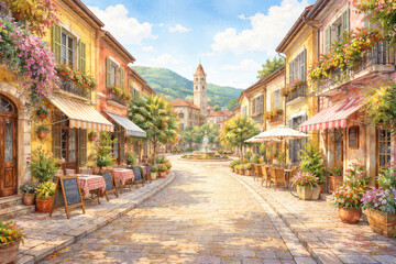 Fototapeta premium Charming street scene with colorful buildings and a fountain.