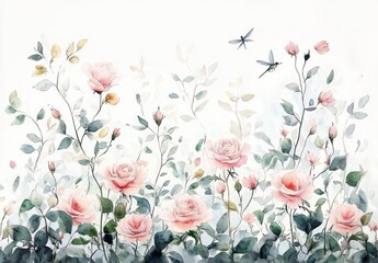 Fototapeta premium soft watercolor scene of blooming pale pink roses with buds, leafy stems, two hovering hummingbirds and a dragonfly evoking a serene romantic spring mood