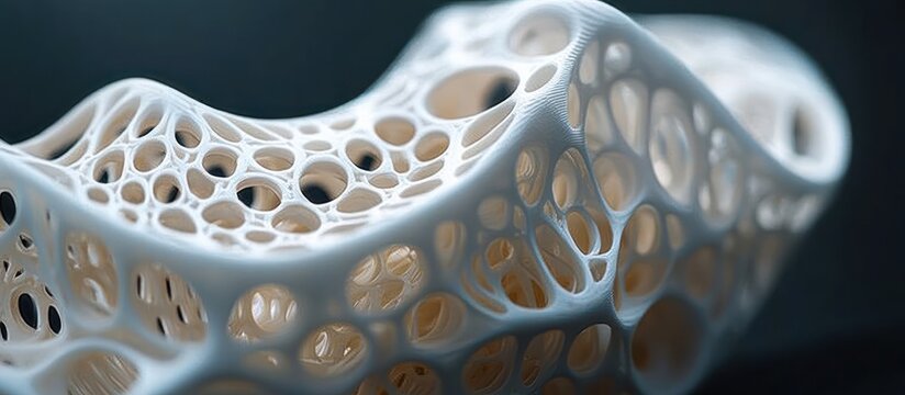 White porous organic lattice sculpture with smooth curved perforations and delicate intricate cellular pattern, soft lighting conveying calm wonder