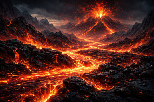 A dramatic volcanic landscape with flowing lava and dark rocky terrain.