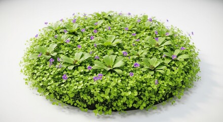 Fototapeta premium A circular arrangement of green plants and small purple flowers on a white background.