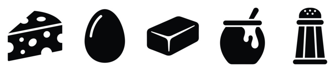 Fototapeta premium Collection of essential breakfast food icons including cheese, egg, butter, honey, and salt shaker, perfect for menus, recipe layouts, or culinary themed applications
