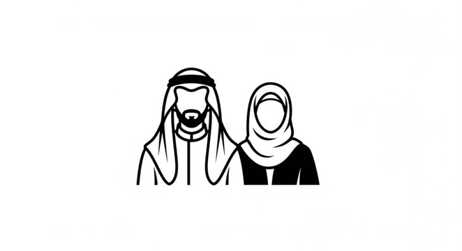 Traditional Arab Couple in Black and White Line Art.