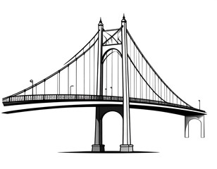Naklejka premium Simple black and white illustration of a long suspension bridge with support towers and a curved roadway. The image has a clean, architectural feel