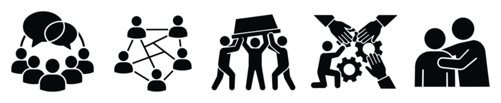 Collection of silhouette icons illustrating communication, networking, team collaboration, problem solving, and mutual support ideal for business presentations, corporate websites, and