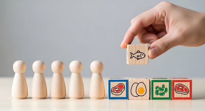 Mindful Food Choices Hand Selects a Fish Block Among Protein Options, Symbolizing Balanced Nutrition and a Health-Conscious Approach to Diet and Wellness