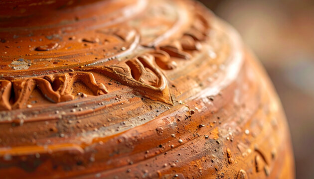 Close up of a weathered textured pottery piece with carved details and warm tones