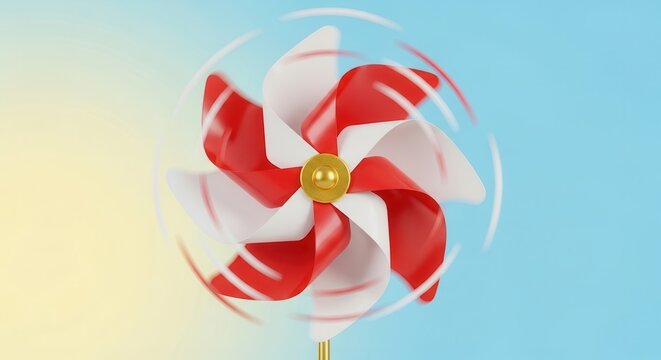 Vibrant spinning red and white pinwheel against a cheerful blue and yellow gradient sky