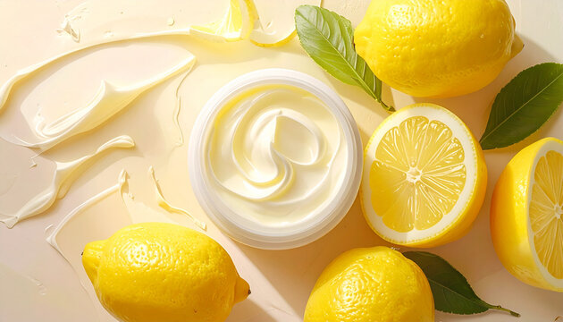 Fresh lemon skincare product with cream and green leaves on neutral background