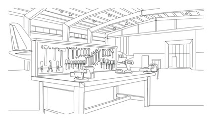 Fototapeta premium Detailed line drawing of a wellequipped workshop or aircraft hangar featuring a workbench covered with various tools and an airplane tail in the background, suitable for industrial themes,