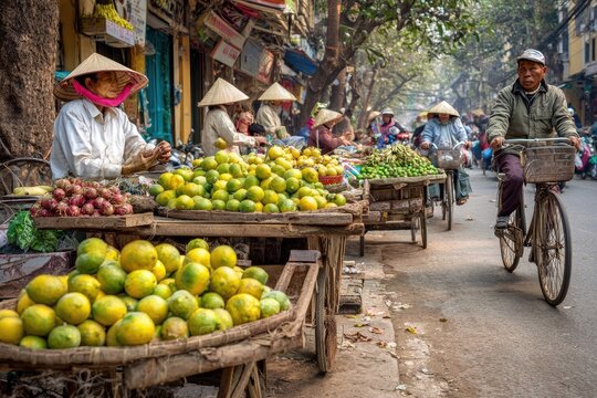 A vibrant street scene in Vietnam showcases vendors selling fresh fruits from wooden carts while a cyclist navigates the bustling thoroughfare.