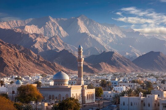 A stunning view showcases a mosque and town nestled against a dramatic mountain range under a clear blue sky.