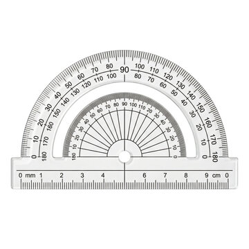 Transparent plastic protractor with 180 degree scale and ruler