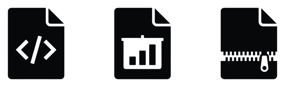 Programming code file, data presentation report, and compressed archived file icons representing digital documents and information management for technology and business applications