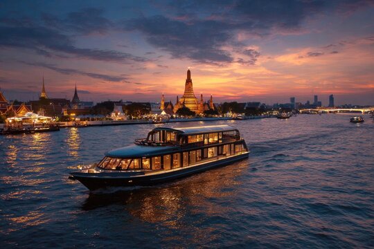 A brightly lit riverboat cruises along the Chao Phraya River in Bangkok at dusk, with illuminated temples in the background.