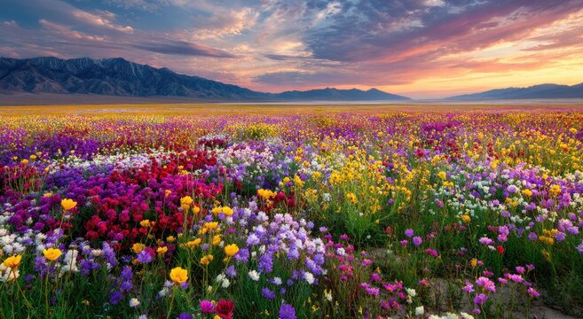 A vibrant wildflower superbloom stretches across a desert landscape beneath a colorful sunset sky.