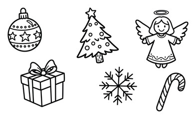 Fototapeta premium A collection of festive holiday symbols featuring a Christmas tree, ornament, angel, gift box, snowflake, and candy cane for seasonal designs and childrens activities.