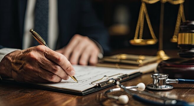 A close-up shot depicts a person in a suit signing legal documents on a clipboard, with a stethoscope and scales of justice symbolizing medical malpractice or legal proceedings.