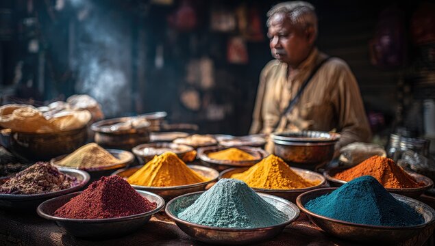 A vendor stands behind a vibrant display of colorful spices arranged in bowls, showcasing the rich hues and textures of a bustling market.
