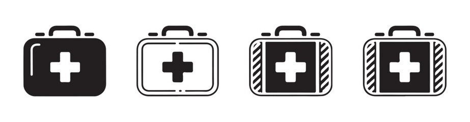 Obraz premium First aid kit icons set for emergency medical help and healthcare symbol on white background.