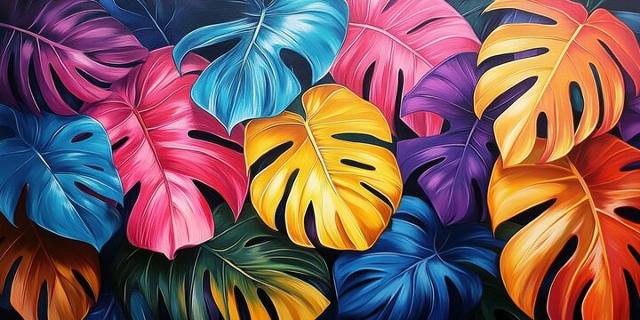 Vibrant overlapping tropical monstera leaves in bold blues, pinks, yellows, purples and greens, lush glossy foliage creating an energetic joyful botanical pattern