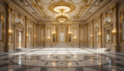 Fototapeta premium Luxurious gold and white ornate ballroom interior with marble floor and chandelier, isolated on white background