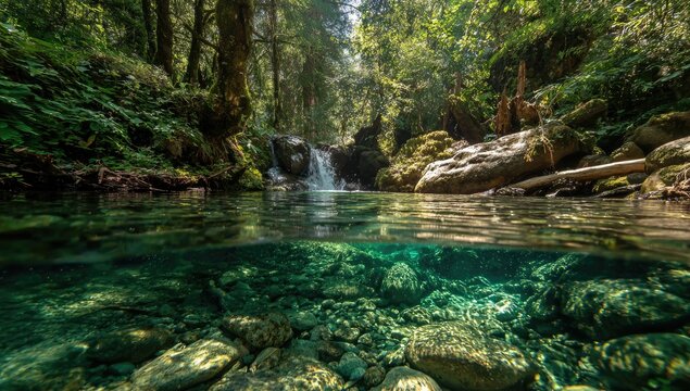 A serene forest stream flows over rocky terrain, creating a captivating above and below water view.