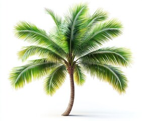 Obraz premium single tropical palm tree with lush green fronds and gently curved trunk on white background, serene sunny tropical vibe