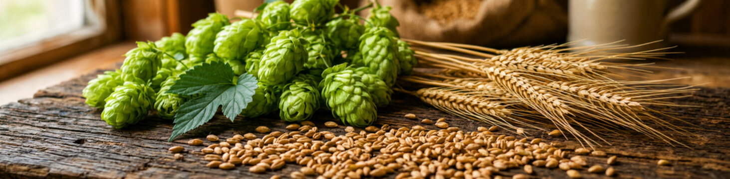 Fresh green hops, golden wheat stalks, and scattered wheat grains are beautifully arranged on a rustic wooden table, highlighting traditional beer brewing ingredients, showcasing natural