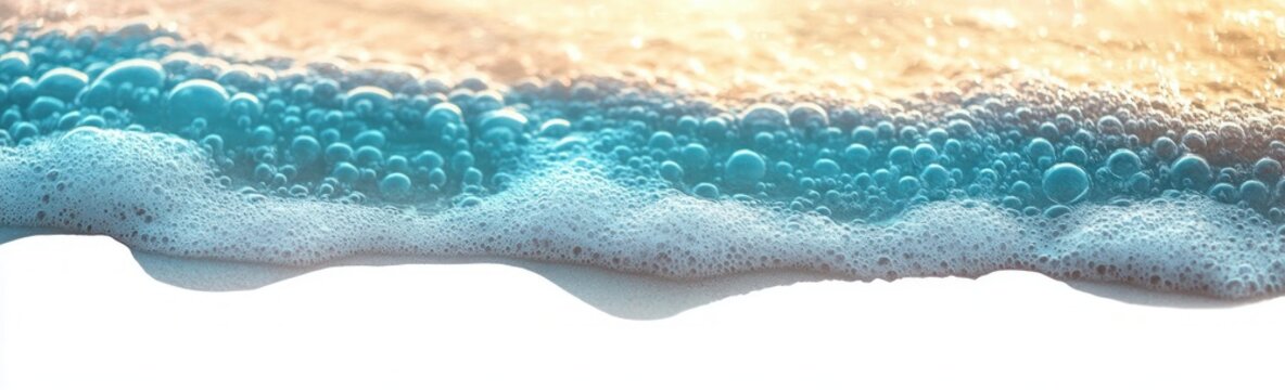 close-up of blue foamy bubbles and froth on a liquid surface with warm golden highlights, calm and soothing abstract texture