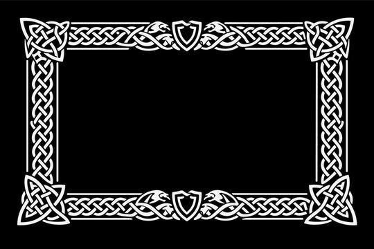 Celtic Knot Frame Vector Illustration with Intricate Medieval Border Design, Norse Viking Style Rectangular Ornament Featuring Shield and Dragon Motifs on Black Background for Graphic Projects.