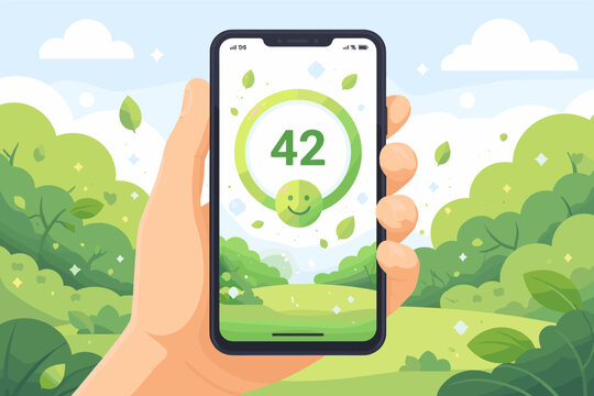 Hand Holding Smartphone Displaying Good Air Quality Index AQI 42 with Smiley Face Icon and Green Nature Background, Flat Vector Illustration for Environmental Health and Pollution Monitoring.