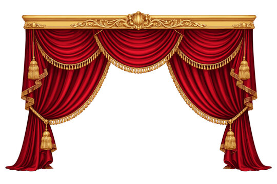 Luxury red velvet theater curtain with ornate gold cornice and decorative tassels. Realistic vector illustration of elegant stage drapery and lambrequin for interior design and performance.